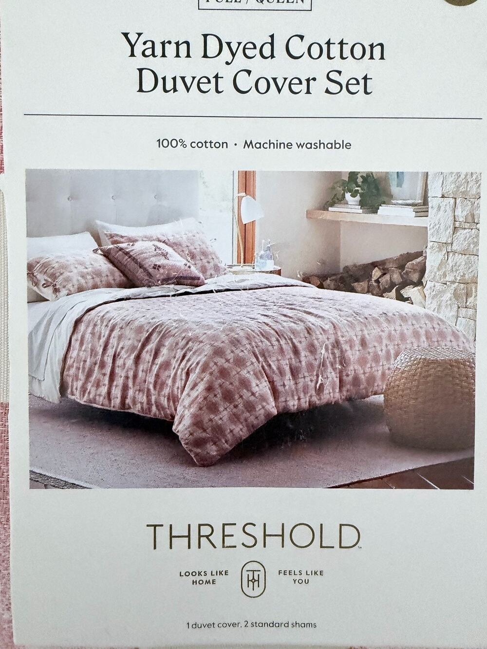 New Full/Queen Size Threshold 3 pc Printed Yarn Dyed Cotton Duvet Cover Set